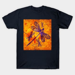 Navy-blue dragonflies on vivid orange T-Shirt